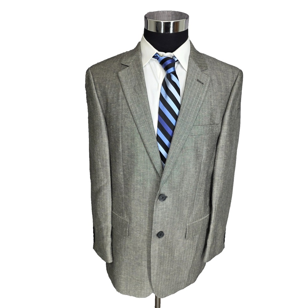 Andrew Fezza Blazer Mens 40R Gray Sports Coat‎ Jacket Herringbone Linen Blend